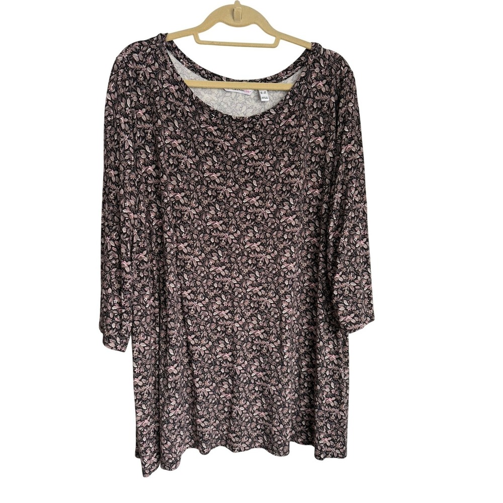 Isaac Mizrahi Live Womens 3X Floral Print 3/4 Sleeve Scoop Neck Top Black Pink